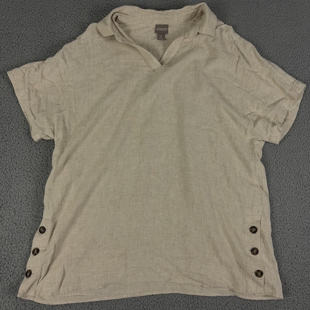 Chicos Shirt Womens 2 Beige Linen Johnny Collar Polo Top Short Sleeve Cottage